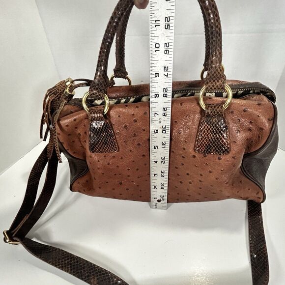 Cynthia Rowley Large Two Tone Brown Leather Satchel Snakeskin And Ostrich Print - Picture 14 of 16